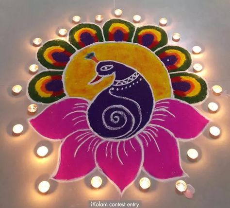 Contest entry My 2015 Diwali rangoli Diwali rangoli contest - 2015 | www.iKolam.com Rangoli Photos, Very Easy Rangoli Designs, Rangoli Designs Simple Diwali, Colorful Peacock, Rangoli Simple, Easy Rangoli Designs Diwali, Diwali Decorations At Home, Rangoli Designs Latest, Simple Rangoli Designs Images