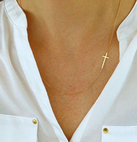 e1314fc026da60d837353d20aefaf054desc50604282ri Dainty Jewelry Necklace, Sideways Cross Necklace, Layered Earrings, Cross Necklace Women, Cross Necklace Sideways, Tarnished Jewelry, Gold Cross Necklace, Gold Cross, Gold Filled Jewelry