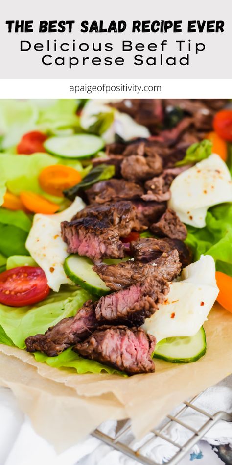 Caprese Steak Salad features perfectly seasoned, spiced, and seared sirloin beef tips over a bed of lusciously soft and sweet butter lettuce, fresh basil, cherry tomatoes, and soft mozzarella cheese. Serve it as a pregame to dinner or make it the star of the show. Either way, you'll impress! Sirloin Beef Tips, Caprese Steak, New York Strip, Butter Lettuce, Meat Delivery, Macro Friendly Recipes, Sweet Butter, Tossed Salad, Steak Salad