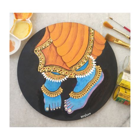 Krishna Charan Painting, Painting Ideas On Mdf Board, God Painting Indian Canvas, Indian God Paintings Canvases, Paintings On Mdf Board, Circle Mdf Board Painting, Lippan Art Krishna Painting, Acrylic Painting On Mdf Board, Round Mdf Board Art