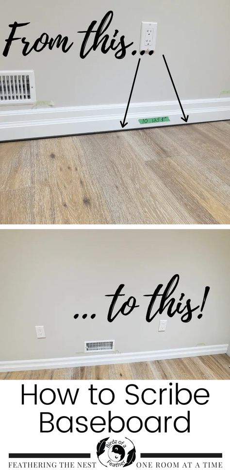 Trouble Shooting Baseboard Gaps: How to Scribe - Birdz of a Feather Diy Floor Molding, How To Update Baseboards, How To Fix Baseboard Gap, Redoing Baseboards, Floor Trim Ideas, Diy Baseboards, How To Install Baseboards, Baseboard Trim, Trim Ideas