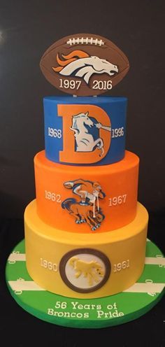 56 Years of Bronco's Pride - Cake by Tara Otero Denver Broncos Cake Ideas, Denver Broncos Cake, Miami Dolphins Cake, Dolphins Cake, Superbowl Snack, Pride Cake, Superbowl Ideas, Sports Birthday Cakes, Cake Fashion