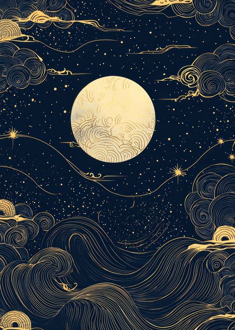 'Golden Moon Night Sky' Poster, picture, metal print, paint by Benjamin Alvarez | Displate Sky Poster, Utah Trip, Golden Moon, Baroque Design, Moon Illustration, Matte Gloss, Fantasy Paintings, Moon Night, Cover Pics