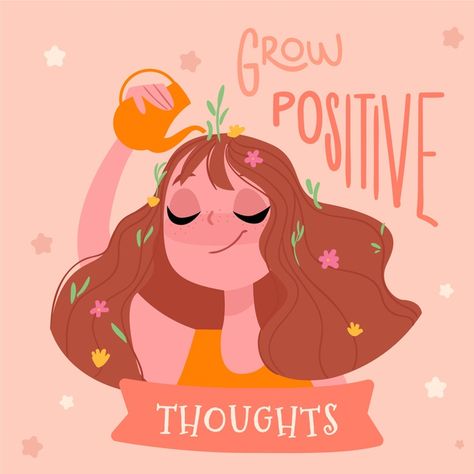 Grow positive thoughts self love letteri... | Free Vector #Freepik #freevector #love #woman #typography #quote Grow Positive Thoughts, Positive Thoughts, Self Love, Orange, Flowers, Hair