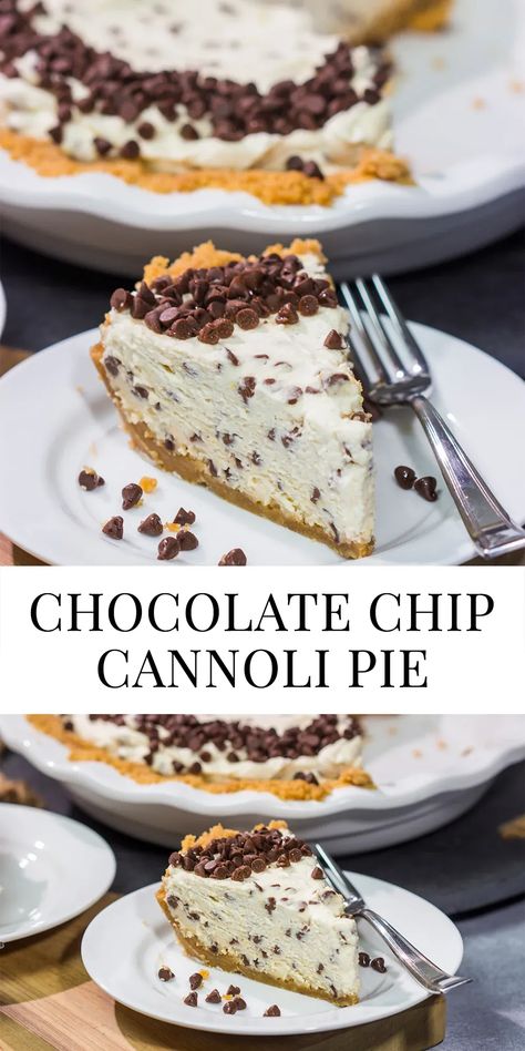 This Chocolate Chip Cannoli Pie features a creamy and delicious filling that will have everyone asking for the recipe! Cannoli Pie, Chocolate Chip Cannoli, Cannoli Desserts, Italian Thanksgiving, Cannoli Cake, Fudge Dessert, Chocolate Chip Pie, Cannoli Recipe, Dessert Pie Recipes