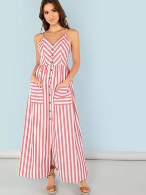 Button Up Pocket Front Striped Cami Dress -SheIn(Sheinside) Striped Midi Dress, White Striped Dress, Cheap Fashion, Striped Fabrics, Fit N Flare Dress, Cami Dress, Red Fashion, Fit And Flare Dress, Look Cool