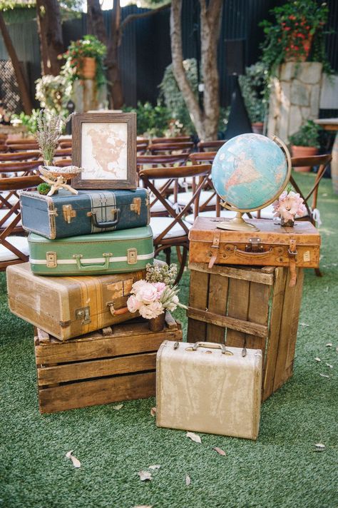 traveler wedding decor with stacked luggage and globe Travel Theme Bridal Shower, Travel Bridal Showers, Travel Baby Shower Theme, Travel Baby Showers, Travel Party Theme, Adventure Baby Shower, Rugs Outdoor, Adventure Theme, Malibu Wedding