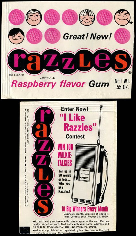 CC_Fleer - Razzles - Raspberry Flavored Gum - candy gum package wrapper - 1968-1969 Razzles Candy, 1950s Candy, Old Candy, High School Memories, Nostalgic Candy, Retro Candy, Candy Packaging, Vintage Candy, Beverage Packaging