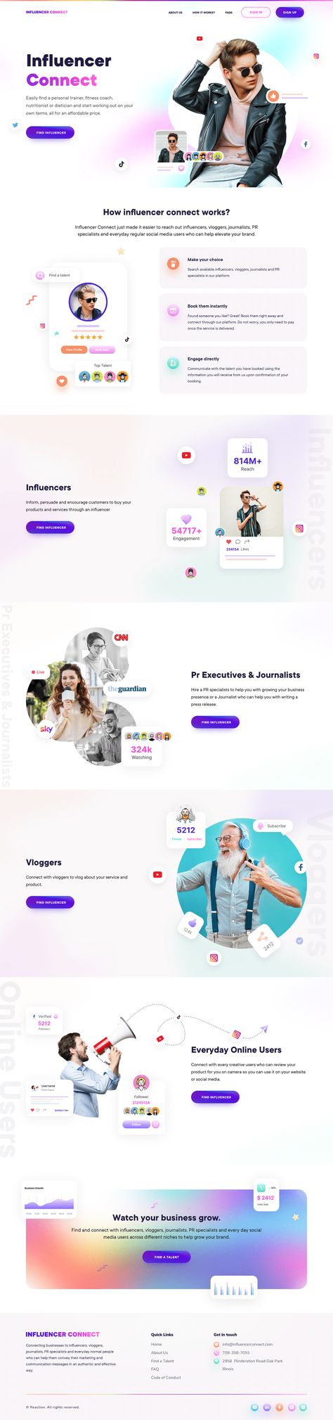 Influencer Marketing Website Landing Page Design on Behance Website Landing Page Design, Ui Ux Design Trends, Colorful Website Design, Bio Pool, Ux Design Trends, Focus On The Present, Website Design Trends, Website Landing Page, Desktop Design