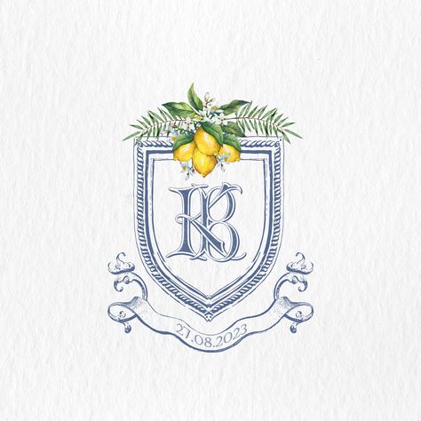 Family Crest Embroidery, Modern Wedding Crest, Watercolor Wedding Crest, Lemons And Flowers, Family Crest Symbols, Wedding Crest Monogram, Monogram K, Watercolor Font, Watercolor Crest