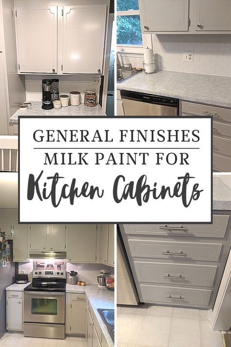 This pin shows 4 smaller photos of my painted kitchen cabinet makeover in light gray. The caption says General Finishes Milk Paint For Kitchen Cabinets Milk Paint Cabinets Kitchens, Kitchen Cabinet Makeovers, Milk Paint Cabinets, Milk Paint Kitchen Cabinets, Paint For Kitchen, Painting Laminate Cabinets, Repainting Kitchen Cabinets, Farmhouse Kitchen Countertops, Diy Kitchen Cabinets Painting