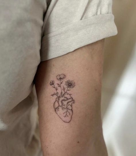 Heart Nurse Tattoo, Fine Line Anatomy Tattoo, Brain Heart Flower Tattoo, Floral Anatomical Heart Tattoo, Heart With Birth Flowers Tattoo, Biological Heart Tattoo, Feminine Filler Tattoo Ideas, Healthcare Worker Tattoo, Medical Heart Tattoo