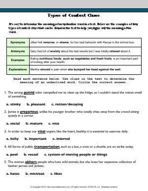 Worksheet | Types of Context Clues | Read each sentence. Use clues in the text to determine the meaning of an underlined word. Circle the correct answer. Context Clues Examples, Types Of Context Clues, Analogies Activities, Context Clues Lesson, Multiple Meaning Words Worksheet, Vocabulary Games For Kids, Context Clues Activities, Reading Mini Lessons, Context Clues Worksheets