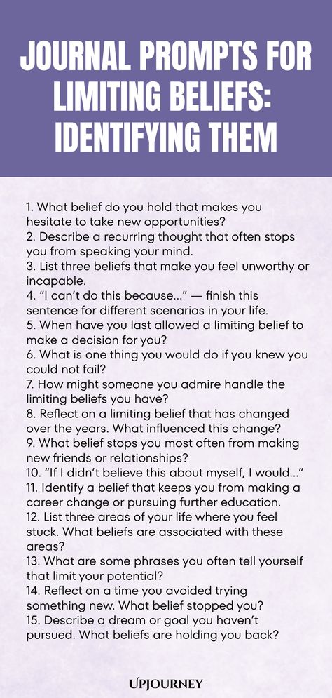 Explore powerful journal prompts designed to help you identify and overcome your limiting beliefs. Dive deep into self-discovery and unlock the barriers holding you back from reaching your full potential. Challenge your mindset with thought-provoking questions that will guide you towards a path of growth and self-awareness. Start transforming your thoughts today with these insightful journal prompts! Therapy Writing Prompts Journal Ideas, How To Reach Your Full Potential, Journal Prompts To Figure Out What You Want, Dream Self Journal Prompts, Limiting Beliefs Examples, Limiting Beliefs Journal Prompts, Quick Journal Prompts, Self Awareness Journal Prompts, Mindset Questions