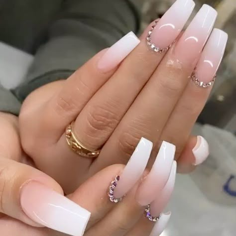 Pink And White Ombre Nail Designs With Rhinestones, Ombré Nail Designs, Ombre Nails With Jewels, Ombre Acrylic Nails With Rhinestones, Ombre Nail With Rhinestones, Ombré Nails With Rhinestones, White Nail Designs With Rhinestones, White Ombre Nails With Rhinestones, Ombré Nails With Gems