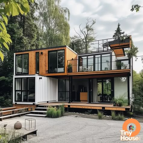 Check out this stunning shipping container house in a sleek and modern brutalist design! The combination of white and natural wood colors creates a chic and inviting space. Who else is inspired to incorporate these elements into their container house project? Share your plans! #containerhouse #designinspiration Container Resort Design, Modern Industrial House Exterior, Large Shipping Container Homes, Container Van House Design, Modern Container House Design, Storage Container House, Modern Container Homes, Modern Industrial House, Shipping Container Homes Australia