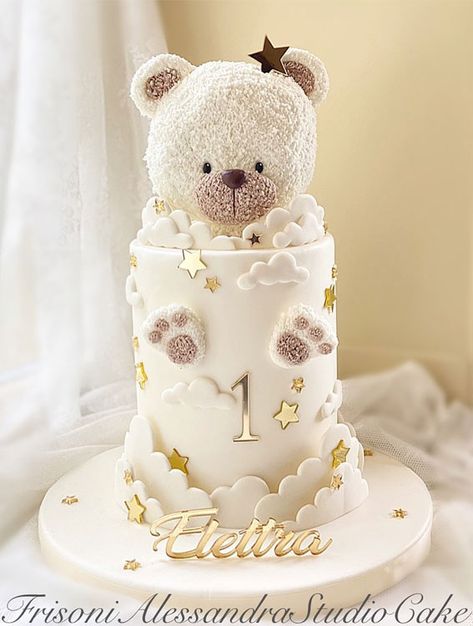 A Cake to Celebrate your Little One : White & Gold Teddy Cake 1 Month Cake Baby Boy, Birthday Cake One Year, Cake Baby Birthday, Birthday Cake 1st, Cake One Year, Cake For 1st Birthday, One Year Birthday Cake, Teddy Bear Birthday Cake, Teddy Cake