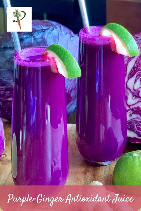 bright purple red cabbage juice in glasses with steel straws and limes and cabbages Purple Cabbage Recipes, Antioxidant Juice, Cabbage Benefits, Cabbage Juice, Healthy Juice Drinks, Juicy Juice, Juicer Recipes, Juice Diet, Juice Fast