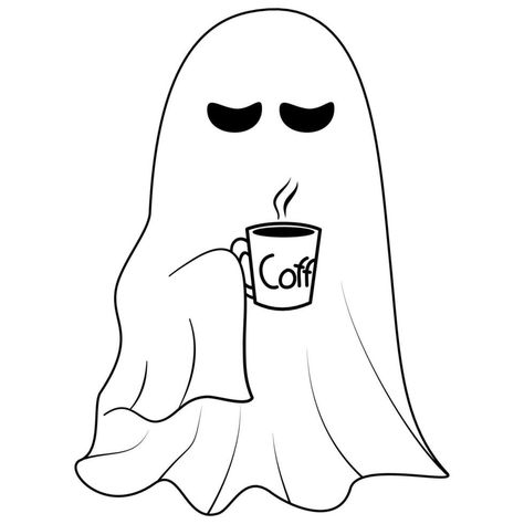 Ghost With Wine Glass Tattoo, Ghost With Coffee Tattoo, Ghost Illustration Cute, Cartoon Ghost Tattoo, October Doodles, Coffee Tattoo Ideas, Ghost Music, Ghost With Coffee, Ghost Drinking Coffee