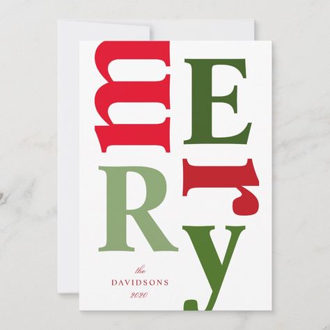 This original and modern typographical holiday card design features bold serif type scrambled red and green letters reading Merry on white background. Personalize the card with your name and year of your choice. Perfect as a business/corporate Christmas card. Available in other color options. Find more holiday cards and other seasonal products in the store. Copyright © 2020 Iveta Angelova for Pink Lemon Paper Co, All rights reserved Red Christmas Card, Holiday Card Design, Christmas Ads, Christmas Stationary, Corporate Christmas Cards, Christmas Fonts Free, Green Letters, Modern Christmas Cards, Business Holiday Cards