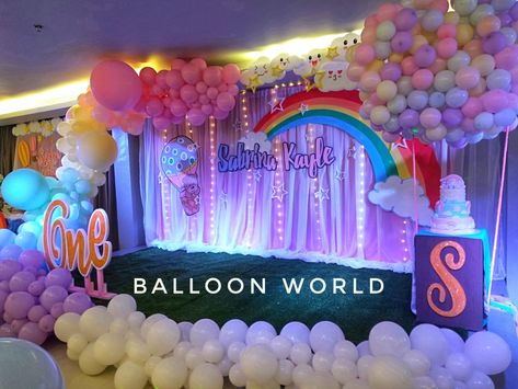 Customize Birthday Parties Cloud Theme Party, Balloon Combination, Hot Air Balloon Theme, Clouds Rainbow, Balloon Theme, Rainbow Backdrop, Backdrop For Birthday, Cloud Theme, Stage Backdrop