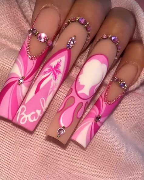 Barbie Pink Nails, Long Acrylic Nail Designs, Long Nail Designs, Nails Now, Long Square Acrylic Nails, Nails 2023, Summer Acrylic Nails, Pink Acrylic Nails, Luxury Nails