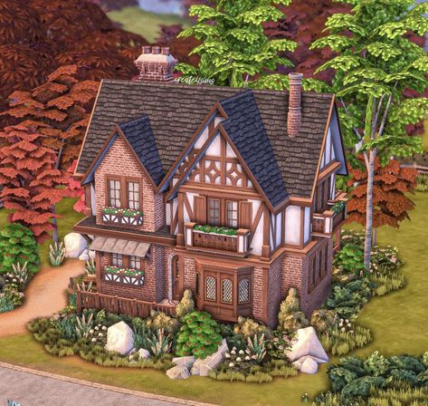 Sims Tudor House, Tudor House Sims 4, New Crest Sims 4 Ideas, Sims 4 Tudor House, Windenburg House Sims 4, Sims 4 Windenburg House, Tudor House Exterior, Sims Lots, Fantastic Architecture