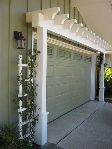 Door Arbor, Garage Door Trim, Door Pergola, Garage Door Colors, Garage Pergola, Garage Door Makeover, Cheap Pergola, House Trim, Garage Door Design