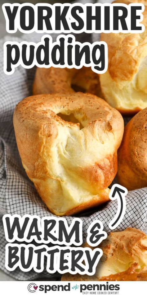 Yorkshire pudding is warm and pillowy soft with crispy edges. It's a simple-to-bake delight! Combine eggs, milk, flour, and fat for the classic batter for British “yorkies”. Employ a few techniques to achieve impressively puffed-up puddings! Much like American popovers, British Yorkshire pudding is a savory, buttery baked treat using eggs, milk, flour, and fat. #spendwithpennies #yorkshirepudding #easyyorkshirepudding #yorkshirepuddingrecipe Stuffed Yorkshire Pudding, Pudding Rolls, Cabin Dinners, Best Yorkshire Pudding Recipe, Homemade Yorkshire Pudding, Baked Pudding, How To Make Yorkshire Pudding, Yorkshire Pudding Batter, Yorkshire Pudding Recipe