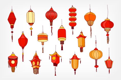 Chinese paper street lanterns bundle by Good Studio on @creativemarket Paper Lantern Drawing, Japanese Lanterns Drawing, Lantern Drawing Ideas, Chinese Lantern Drawing, Lanterns Drawing, Lantern Drawing, Asian Festival, Japanese Lantern, Chinese Paper