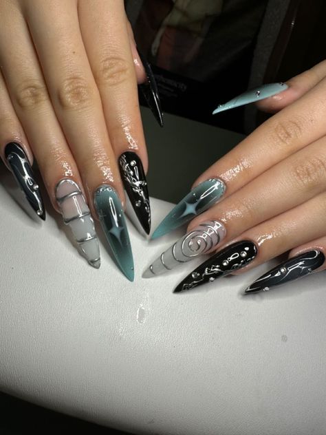 Mint Green And Black Nails, Gothic Nails With Charms, Chrome Blue Nails, Blue Stiletto Nails, Long Stiletto Nails, Witchy Nails, Maroon Nails, Black Acrylic Nails, Punk Nails