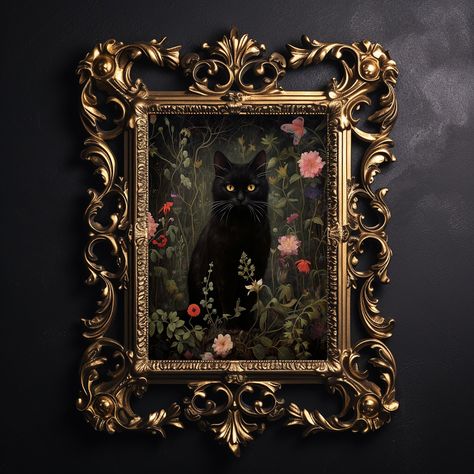 70s Goth Aesthetic Home, Art Covered Walls, Gold And Black Aesthetic Room, Black Cat Room Decor, Black Vintage Decor, Witchy Entryway Decor, Gothic Noir Decor, Black Gallery Wall Frames, Dark Whimsical Decor