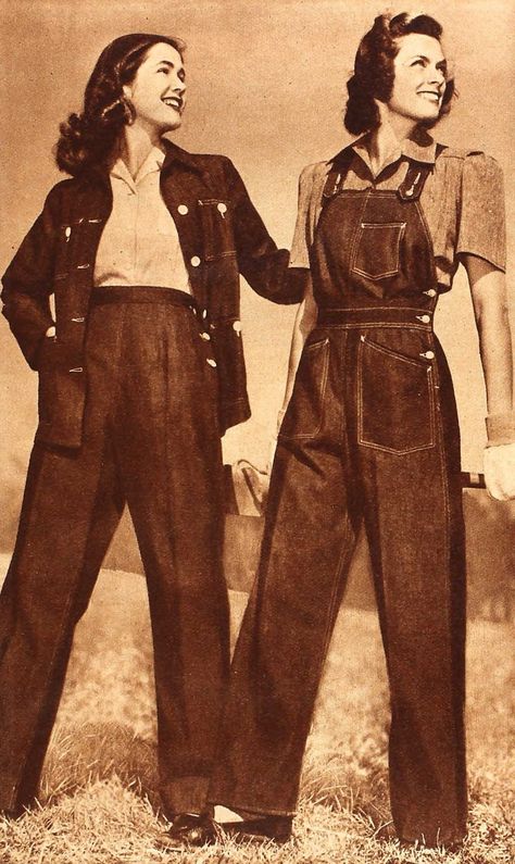 1943 womens denim jeans and jacket or overalls for work/casual days. Rosie the Riveter outfits at VintageDancer 1940s Looks, 1940s Women, 1940s Woman, Kawaii Clothes Goth, Stylish Coat, 40s Fashion, Autumn Fashion Casual, 1940s Fashion, Casual Winter Outfits