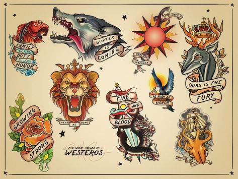 Game of Thrones old school tattoos. Thinking of a Stark one. America Traditional Tattoo, 18x24 Print, The Flash Poster, Tatoo Dog, Game Of Thrones Tattoo, Traditional Tattoo Old School, City Comic, Hawaiian Tattoo, Gaming Tattoo