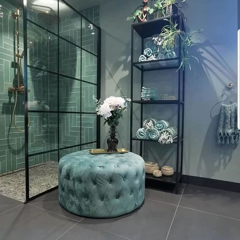 Tiffany Blue Ottoman by Cocolea Furniture seen at Private Residence, Melbourne | Wescover Tiffany Blue Furniture, Tiffany Blue Decor, Tiffany Blue Decorations, Tiffany Blue Bathrooms, Tiffany Theme, Blue Ottoman, Blue Interior Design, Blue Bathroom Decor, Buy Curtains