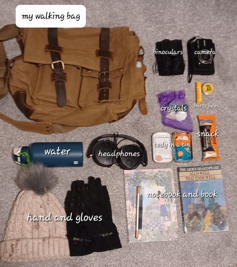 What's in my bag, binoculars, camera, crystals, hat and gloves,water, headphones, notebook, snack and reading book! Thanks for looking at this post Adventure Core Backpack, What I Keep In My Bag, What’s In My Messenger Bag, Whats In My Bag Apocalypse, Whats In My Bag Grunge, What’s Inside My School Bag Aesthetic, What’s In My Bag Grunge, What's In My Backpack, Alt Indie