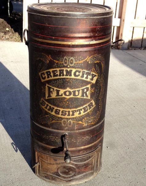 VTG 1800s CREAM CITY FLOUR Bin & Sifter Wheat Grain Flower Tin Litho Advertising | #1814279647 Antique Flour Bin, American Advertising, Tin Flowers, Art Articles, Antique Kitchen, Native American Art, Kitchen Items, American Art, Wheat