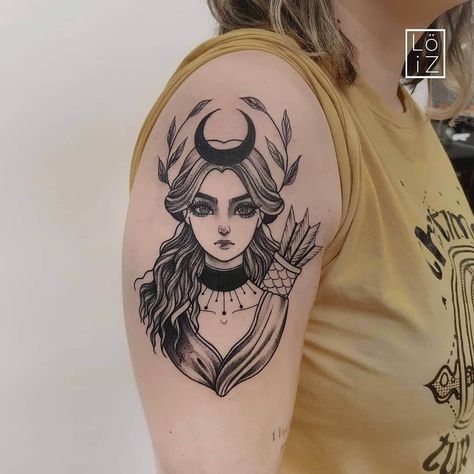 Elegant Black Ink Artemis Tattoos Greek Goddess Tattoo, Artemis Tattoo, Tatoo Inspiration, Girl Back Tattoos, Greek Mythology Tattoos, God Tattoos, Witch Tattoo, Goddess Tattoo, Skeleton Hand Tattoo