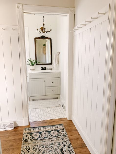 DIY Vertical Shiplap & Pegrail How To Install Vertical Shiplap, Pegrail Diy, Shiplap Projects, Diy Vertical Shiplap, Shiplap House, Pure White Sherwin Williams, Shiplap Entryway, Shiplap Ideas, Vertical Shiplap