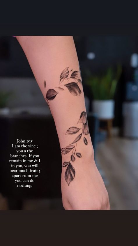 Christian Wrap Around Tattoo, Floral Biblical Tattoo, Christian Vine Tattoos For Women, Christian Thigh Tattoo Women, Wrap Around Vine Tattoos, Vine Wrap Tattoo, Biblical Tattoos For Women Sleeve, Grandparents Tattoo, 2024 Tattoo