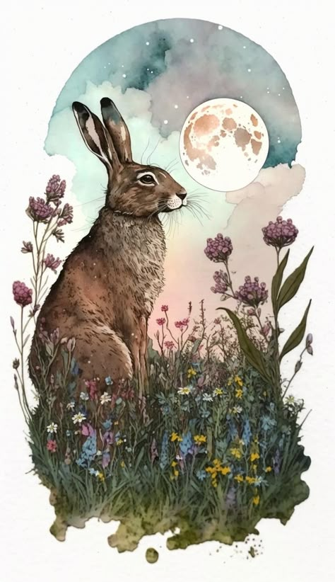 Ostara Illustration, Illustration Lapin, Hare Artwork, Ostara Aesthetic, Rabbit Spirit Animal, Magical Bunny, Easter Hare, Hare Painting, Woodland Rabbit