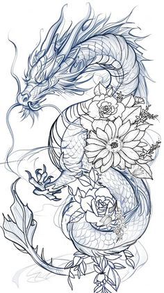 Tattoo Ideas Thigh Female, Dragon Female Tattoo, Dragon And Floral Tattoo, Dragon Inspired Tattoos, Dragon With Chrysanthemum Tattoo, Flowers With Snake Tattoo, Dragon Rose Tattoo For Women, Dragon In Flowers Tattoo, Dragon Tattoo Large