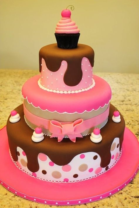 Sweet Birthday Cake - chocolate and pink girls cake Sweet Birthday Cake, Rodjendanske Torte, Unique Cakes, Cupcake Cake, Gorgeous Cakes, Occasion Cakes, Love Cake, Food Cakes, Fondant Cakes