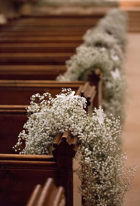 Close-up of gypsophila garland on pews ~ we ❤ this! moncheribridals.com Church Aisle, Alter Decor, Gypsophila Wedding, Wedding Church Decor, Church Wedding Flowers, Church Wedding Ceremony, Church Wedding Decorations, Wedding Aisle Decorations, Church Flowers