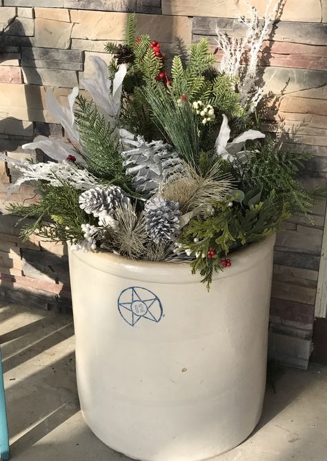 Winter front porch arrangement using a vintage crock! Crock Front Porch Decor, Vintage Crock Christmas Decor, Large Crock Decorating Ideas Fall, Decorative Crocks, Crock Christmas Decor, Christmas Crock Decorating Ideas, Large Crock Decorating Ideas, Decorating Crocks, Crock Ideas