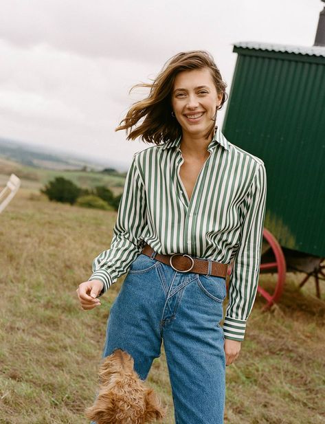 Green Striped Shirt Outfit, White Striped Shirt Outfit, Green Striped Shirt, Drape Top, The Boyfriend, Draped Top, Slim Trousers, Boyfriend Shirt, Washed Denim