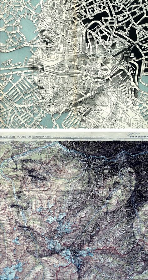 Mixed Media Newspaper Art, Art With Maps Mixed Media, Using Maps In Art, Maps And Routes Photography, Map Textiles, Art With Maps, Map Photography, Ed Fairburn, Map Portrait