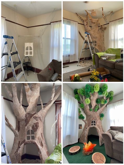 Back to Homeschool Tree House Reading Nook, Fall Decorations Daycare, Diy Indoor Treehouse, Where The Wild Things Are Room, Tree In Corner Of Room, Enchanted Living Room, Playroom Tree, Indoor Treehouse, Library Tree