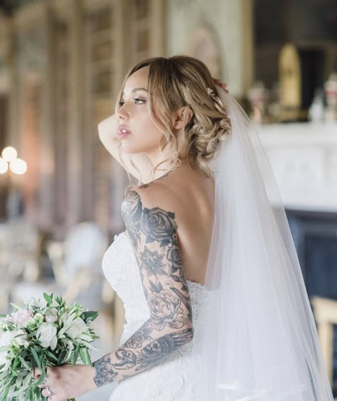 Bridal Tattoo, Sammi Maria, Brides With Tattoos, Pronovias Wedding Dress, Entertainment Logo, Goth Wedding, Wedding Tattoos, Wedding Chicks, Wedding Goals