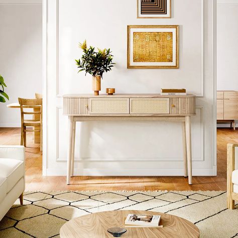 Hernest | 47.2" Solid Wood Entryway Console Table with Storage & Rattan Drawer, Boho Natural Side Table with Hidden Storage. Boho Console Table, Front Door Table, Natural Side Table, Behind Couch Table, Sofa Table Entryway, Storage Rattan, Table With Hidden Storage, Natural Shelves, Console Table With Storage